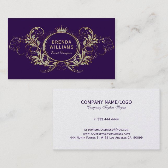 Purple And Gold Faux Glitter Girly Floral Frame Business Card (Front/Back)