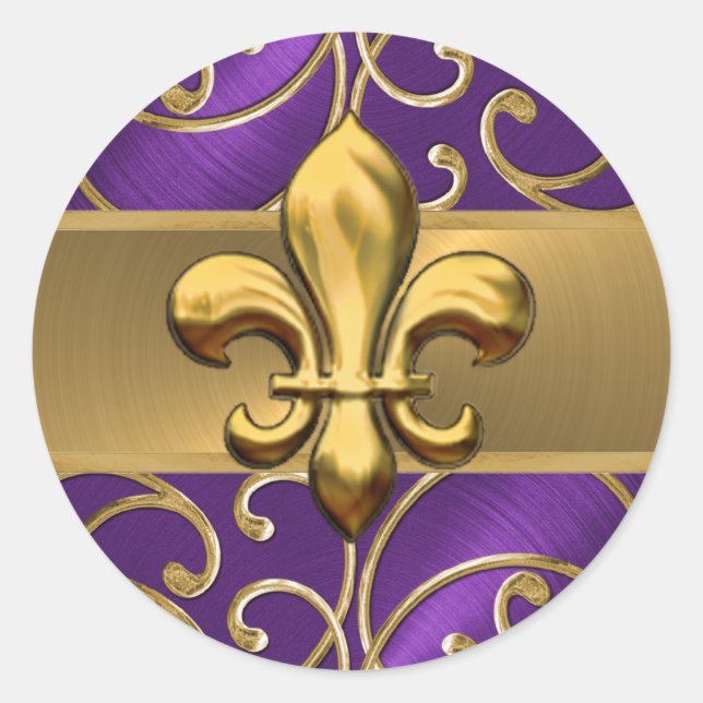 Purple and Gold Filigree Swirls Fleur de Lis Classic Round Sticker (Front)