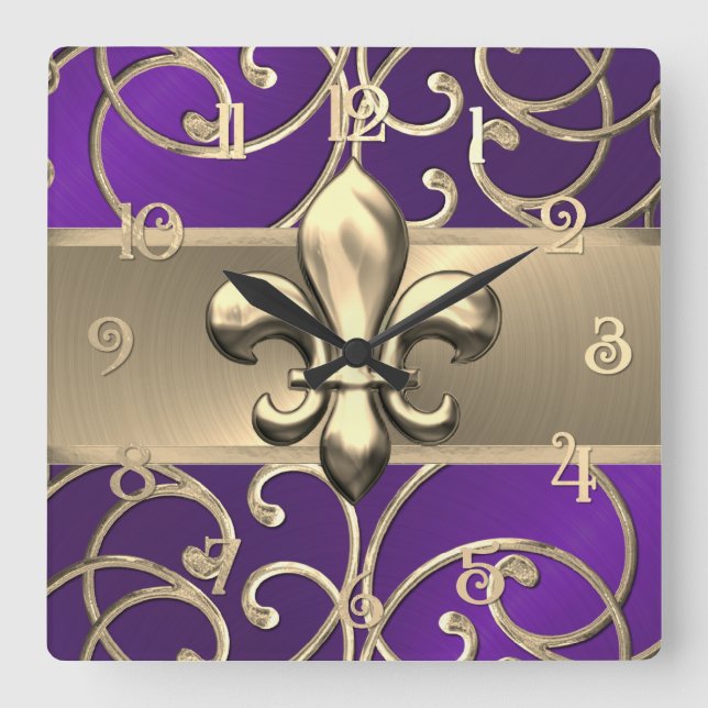 Purple and Gold Filigree Swirls Fleur de Lis Square Wall Clock (Front)