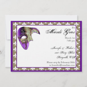 Purple and Gold Fleur de Lis Mask Mardi Gras Party Invitation