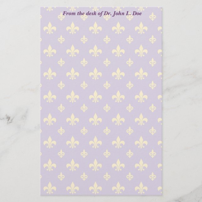 Purple and Gold Fleur de lis Stationery (Front)