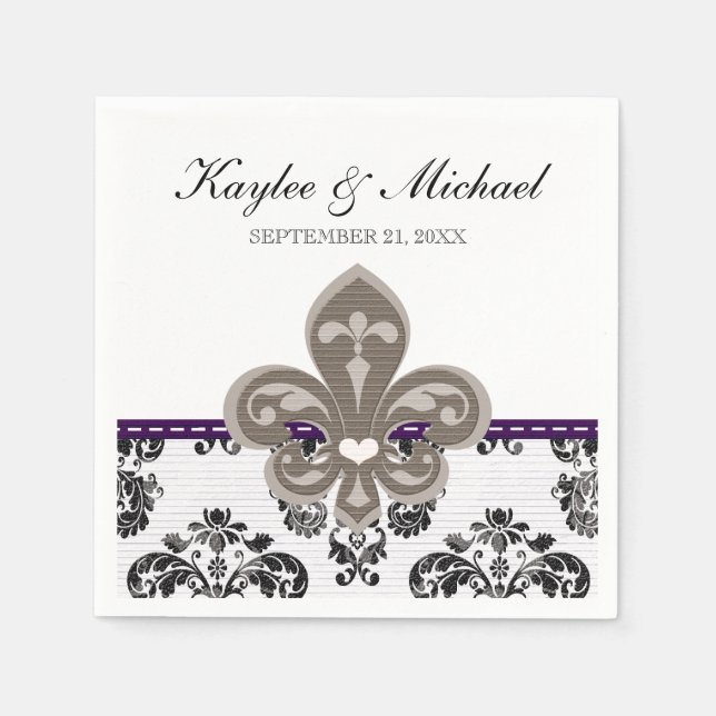 Purple and Gold Fleur de Lis Wedding Napkin (Front)