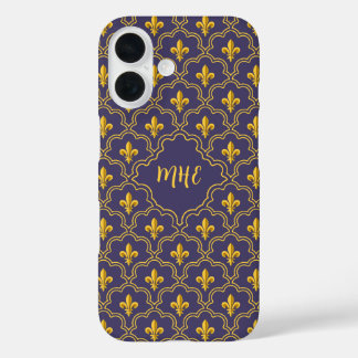 Purple and gold fleur-de-lys quatrefoil pattern iPhone 16 case
