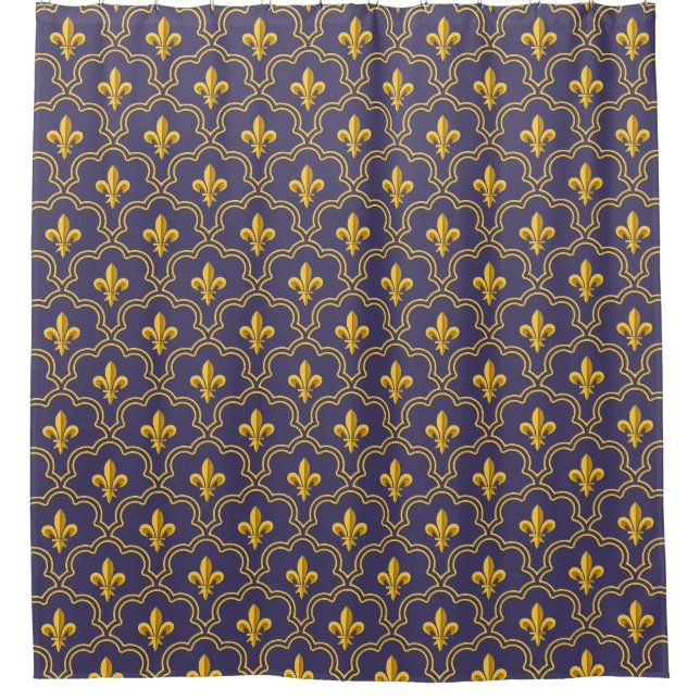 Purple and gold fleur-de-lys quatrefoil pattern shower curtain (Front)