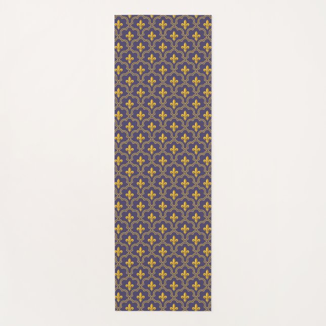 Purple and gold fleur-de-lys quatrefoil pattern yoga mat (Front)