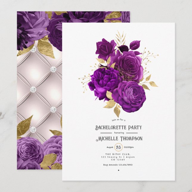 Purple and Gold Floral Bachelorette Party Invitation (Front/Back)