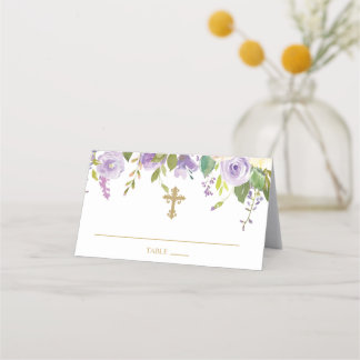 Purple and Gold Floral Baptism Folded Place Card