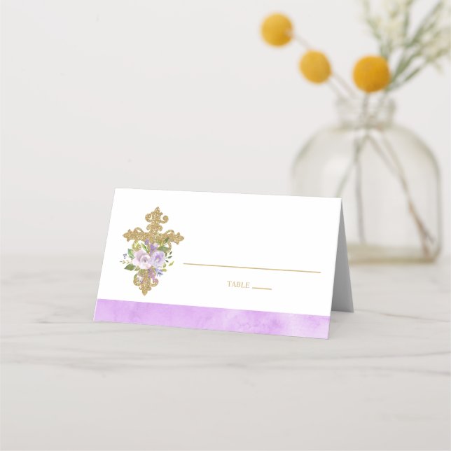 Purple and Gold  Floral Baptism Folded Place Card (Front)