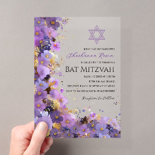Purple and Gold Floral Bat Mitzvah Acrylic Invitations