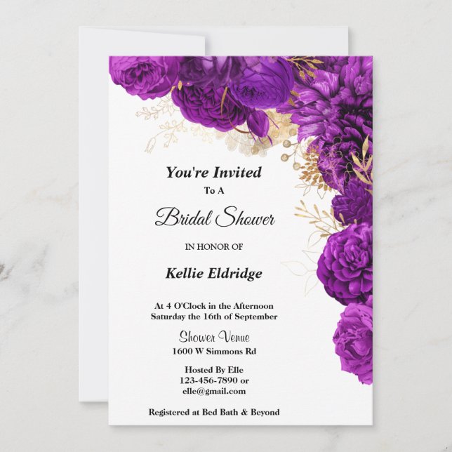 Purple And Gold Floral Bridal Shower Invitation (Front)
