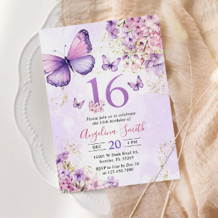 Purple and Gold Floral Butterfly 16th Birthday Invitation
