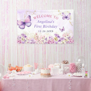 Purple and Gold Floral Butterfly 1st Birthday Banner