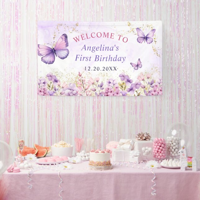 Purple and Gold Floral Butterfly 1st Birthday Banner (Party)