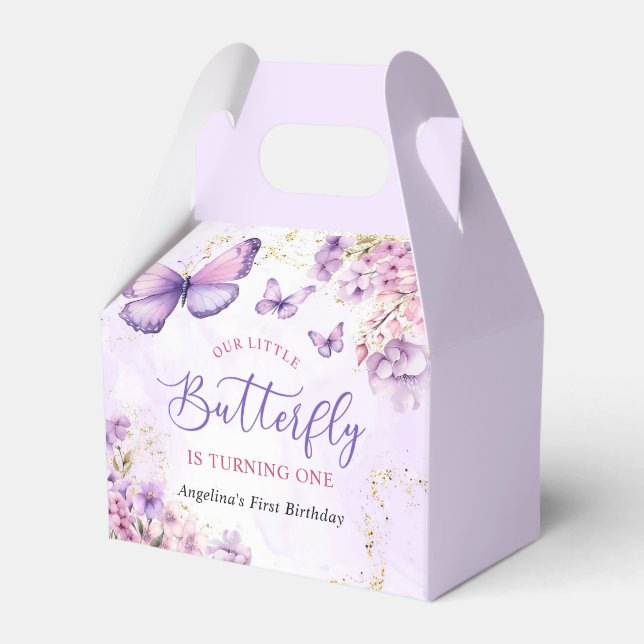 Purple and Gold Floral Butterfly 1st Birthday Favour Box (Front Side)