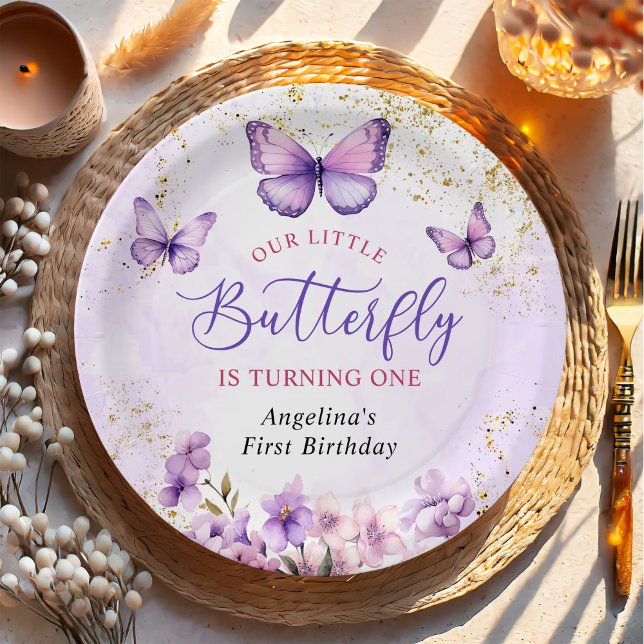 Purple and Gold Floral Butterfly 1st Birthday Paper Plate (Creator Uploaded)