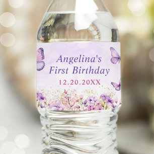 Purple and Gold Floral Butterfly 1st Birthday Water Bottle Label