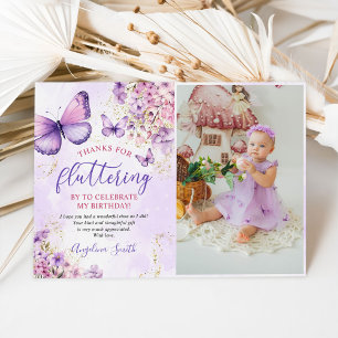 Purple and Gold Floral Butterfly Birthday Photo Thank You Card