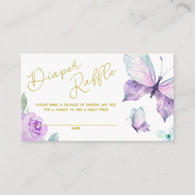 Purple and Gold Floral Butterfly Diaper Raffle Enclosure Card (Front)