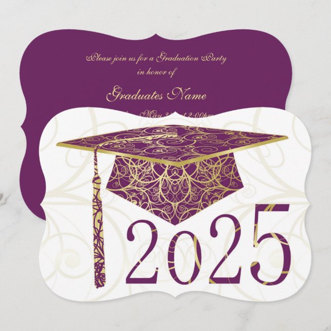 Purple and Gold Floral Cap 2025 Graduation Party Invitation (Front/Back)