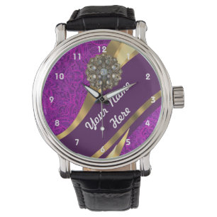 Purple and gold floral damask pattern watch