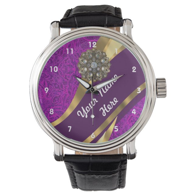 Purple and gold floral damask pattern watch (Front)