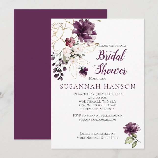 Purple and Gold Floral Framed Bridal Shower Invitation (Front/Back)
