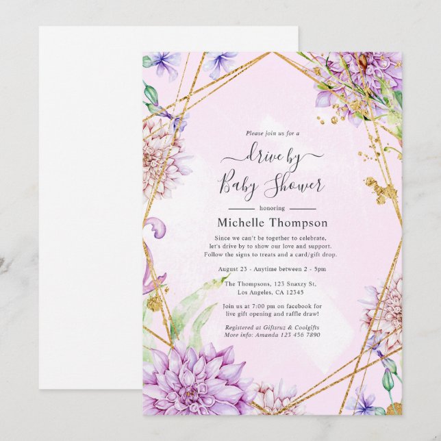 Purple and Gold Floral Geometric Drive By Shower Invitation (Front/Back)