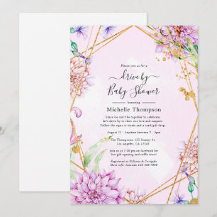 Purple and Gold Floral Geometric Drive By Shower Invitation