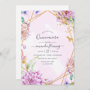Purple and Gold Floral Geometric Quinceañera Invitation