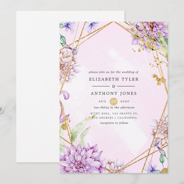 Purple and Gold Floral Geometric Wedding Invitation (Front/Back)
