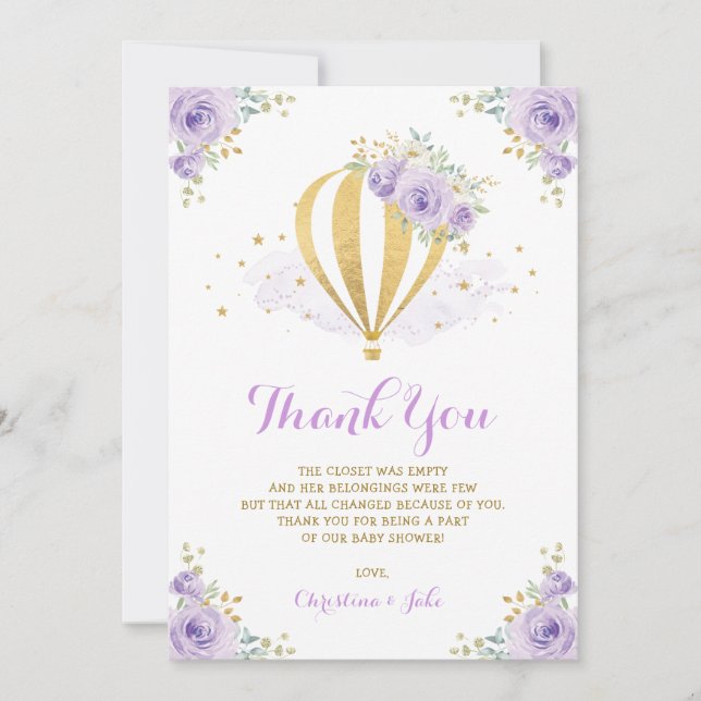 Purple and Gold Floral Hot Air Balloon Baby Shower Thank You Card (Front)