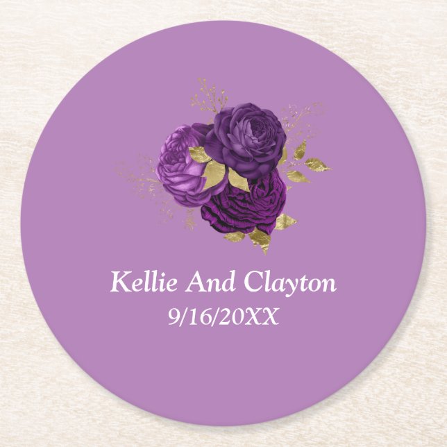 Purple And Gold Floral Round Paper Coaster (Front)
