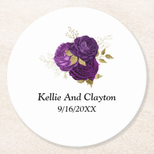 Purple And Gold Floral Round Paper Coaster