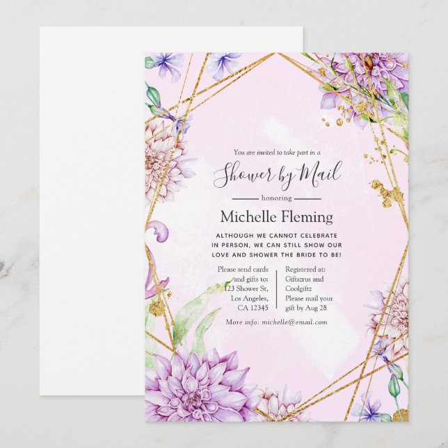 Purple and Gold Floral Shower by Mail Invitation (Front/Back)