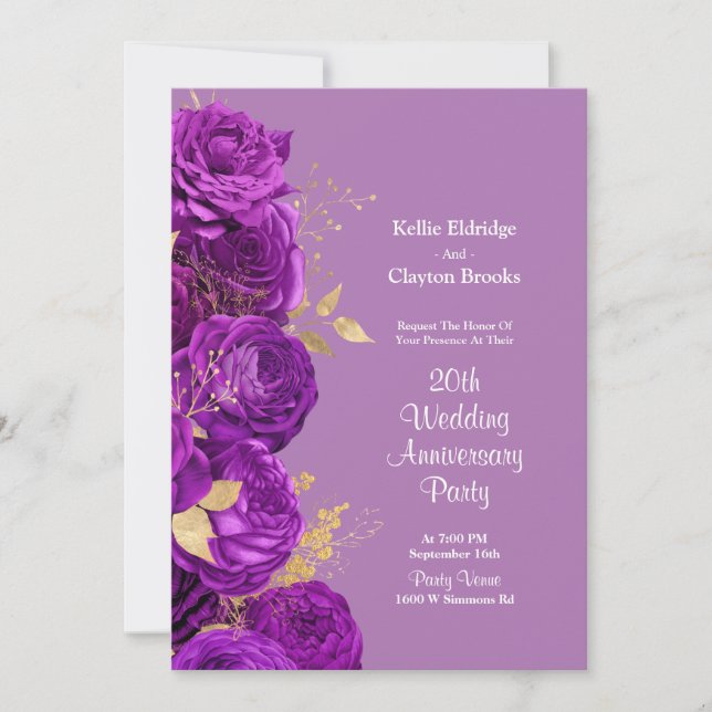Purple And Gold Floral Wedding Anniversary Party Invitation (Front)