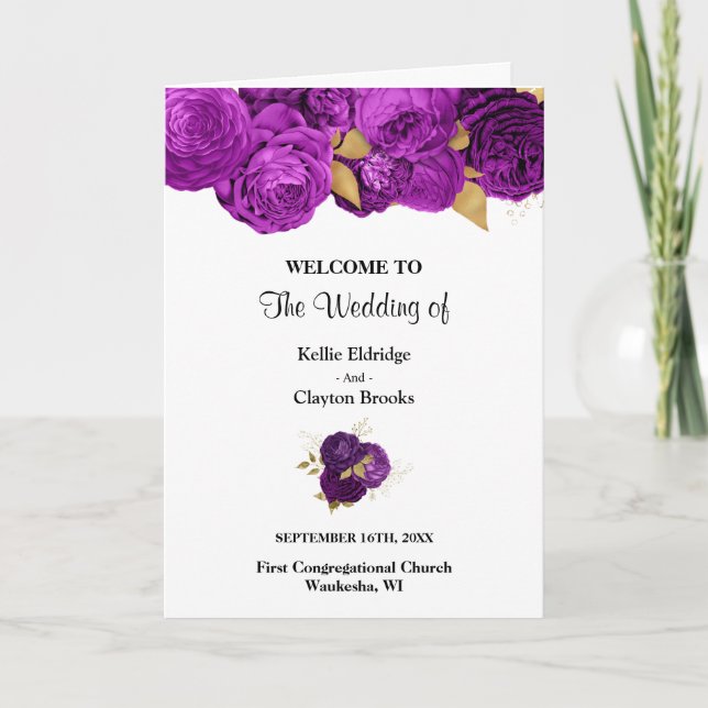 Purple And Gold Floral Wedding Folded Program Programme (Front)