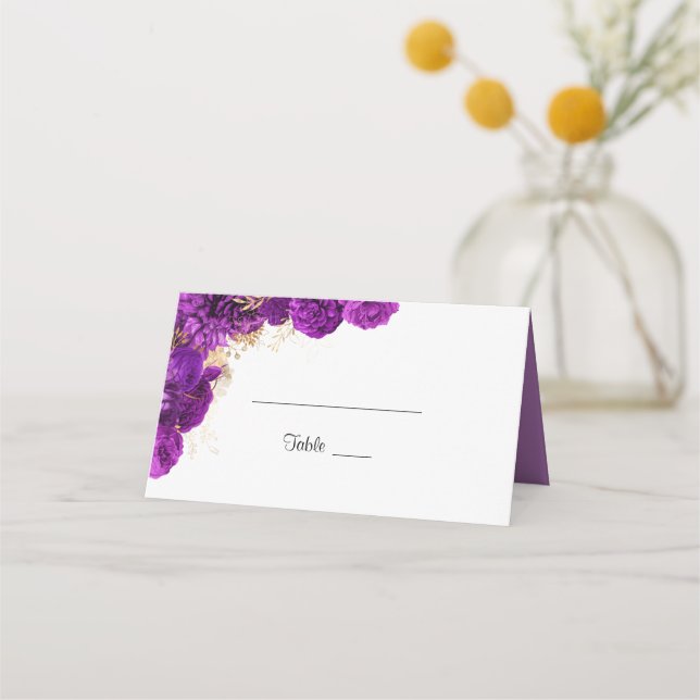 Purple And Gold Floral Wedding Guest Name Place Card (Front)