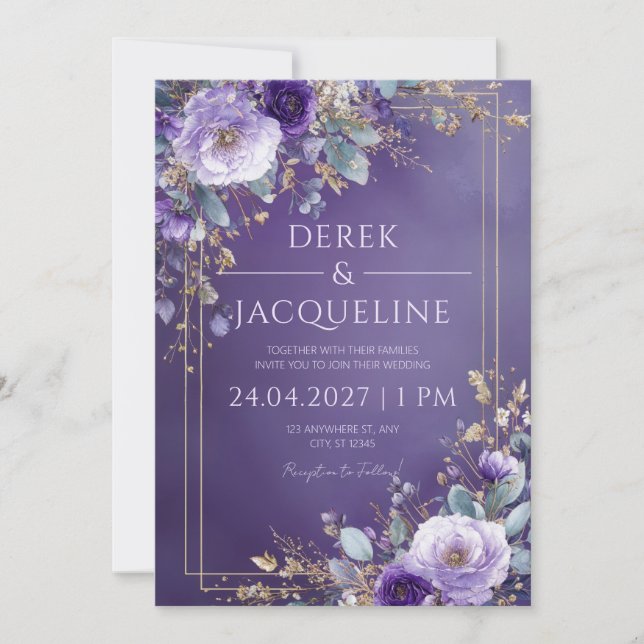 Purple and Gold Floral Wedding Invitation (Front)