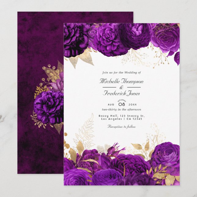 Purple and Gold Floral Wedding Invitation (Front/Back)