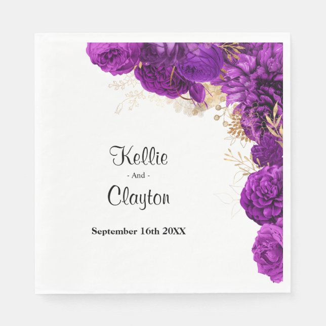 Purple And Gold Floral Wedding Napkins (Front)