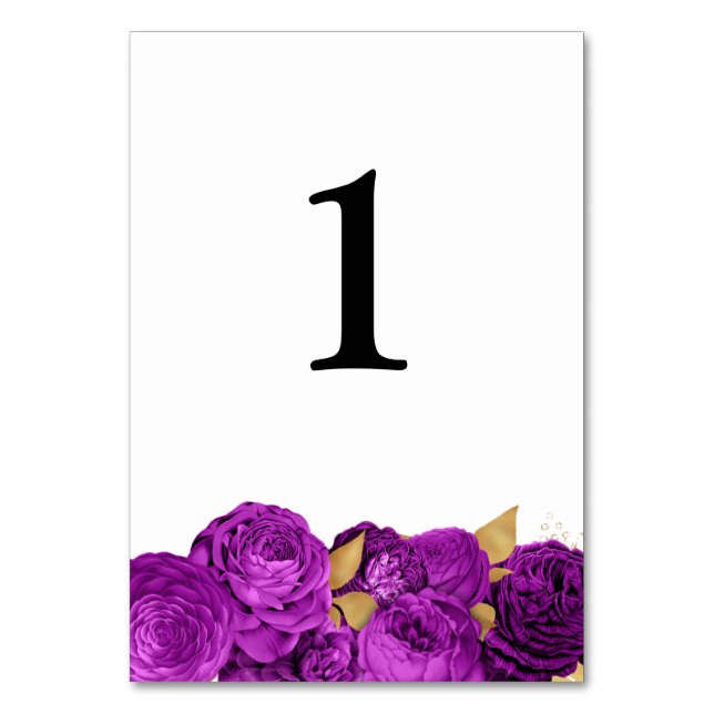 Purple And Gold Floral Wedding Table Number Card (Front)