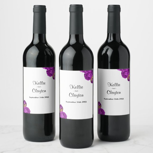 Purple And Gold Floral Wedding Wine Label (Bottles)