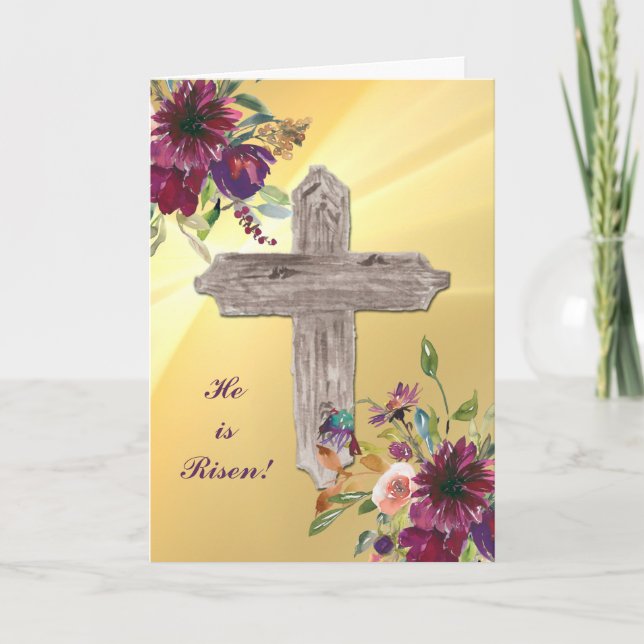 Purple and Gold Floral Wooden Cross Easter Card (Front)