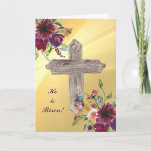 Purple and Gold Floral Wooden Cross Easter Card