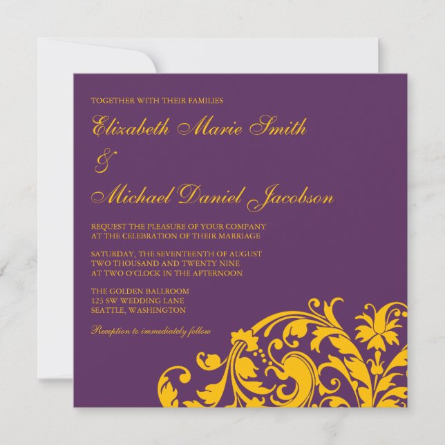 Purple and Gold Flourish Swirl Wedding Invitation (Front)