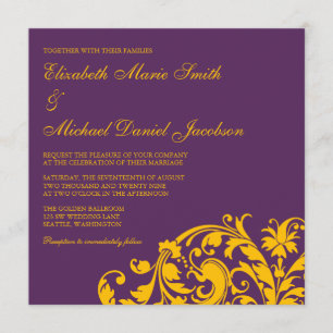 Purple and Gold Flourish Swirl Wedding Invitation