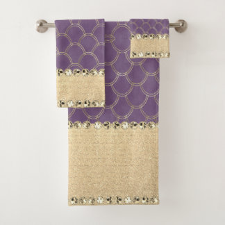 Purple and Gold Foil Diamond Bling Bath Towel Set