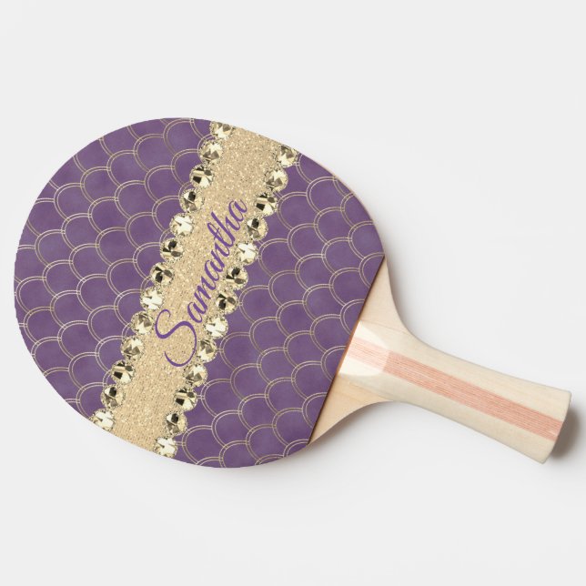Purple and Gold Foil Diamond Bling Personalised Ping Pong Paddle (Side)