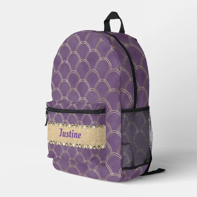 Purple and Gold Foil Diamond Bling Personalised  Printed Backpack (Back Corner Right)