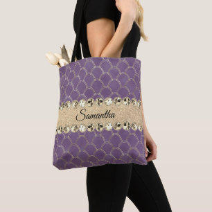 Purple and Gold Foil Diamond Bling Tote Bag